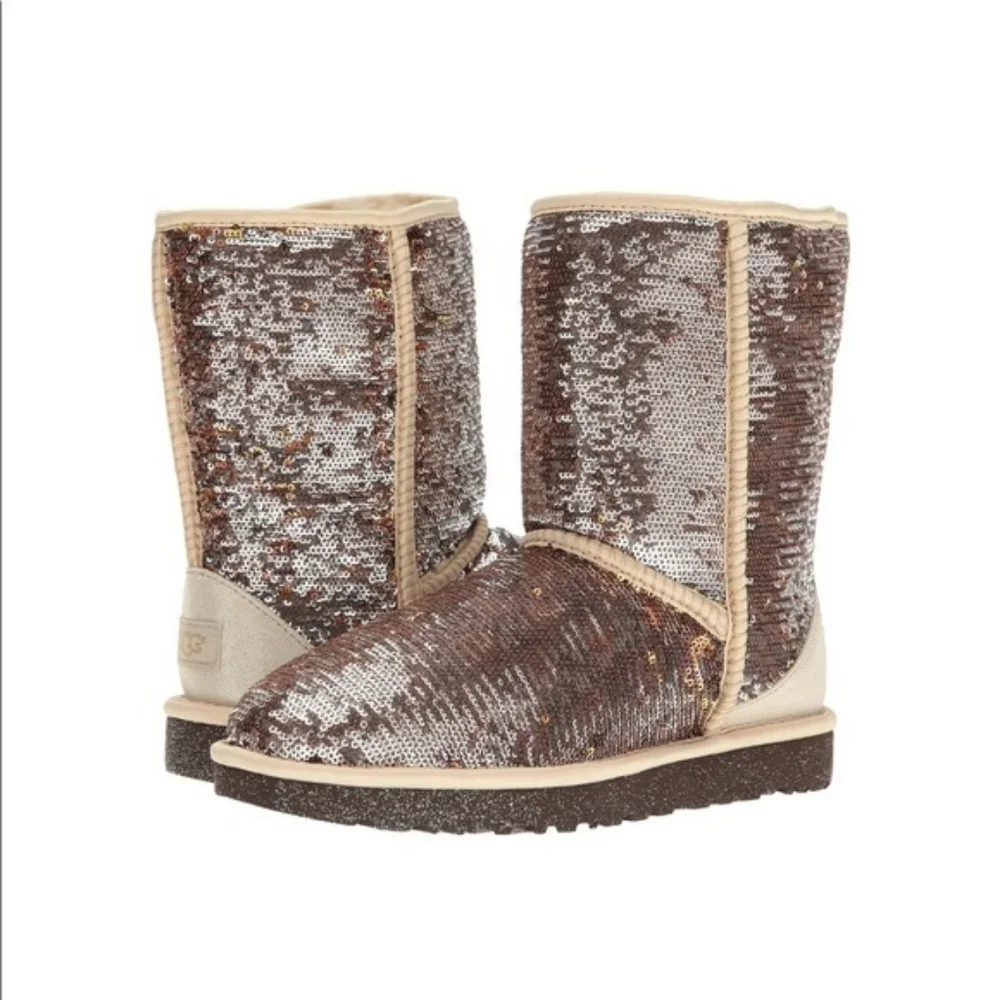 UGG Womens Sparkles Sequin Classic Boots Size 8 Sequin Boots with Cream Trim - Picture 1 of 2